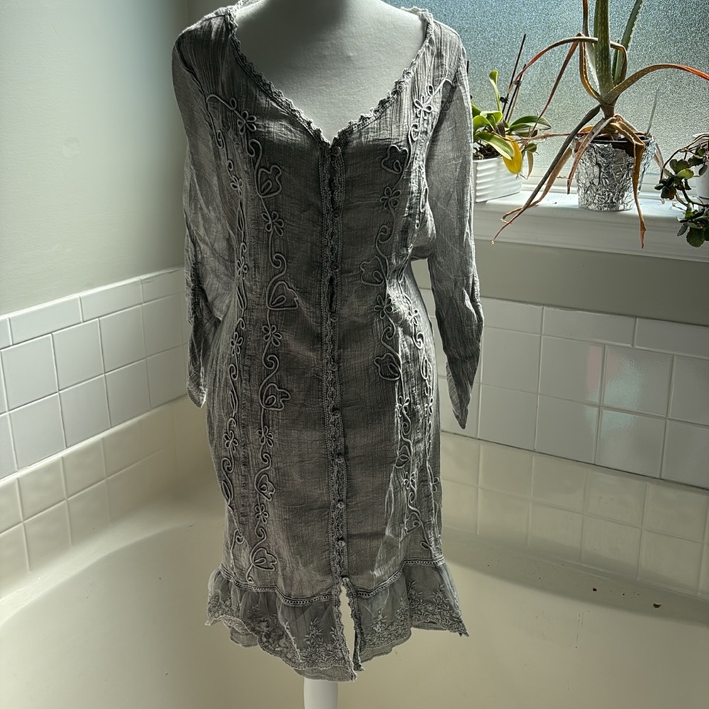 Grey gaze dress embroidered details front and back size small/medium
